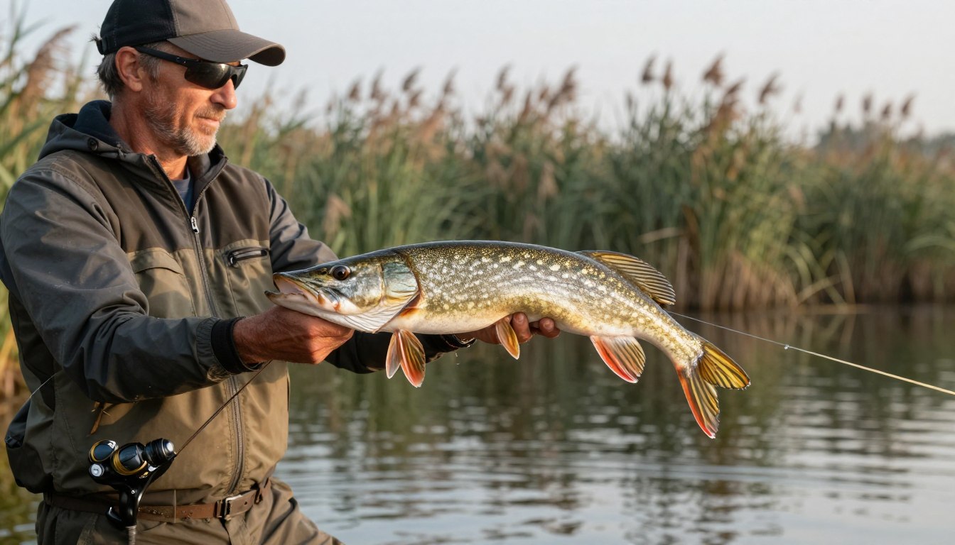 Ein Angler mit Fliegenrute beim Streamer für Hecht Fischen an einem See