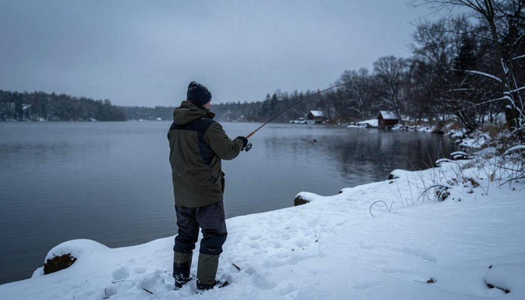 Winterliches Fliegenfischen auf Hecht mit Streamer an einem verschneiten See